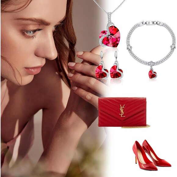 Blissful Heart Ruby CZ Jewelry Set 18K White Gold Plated Gift for Women - Picture 4 of 7